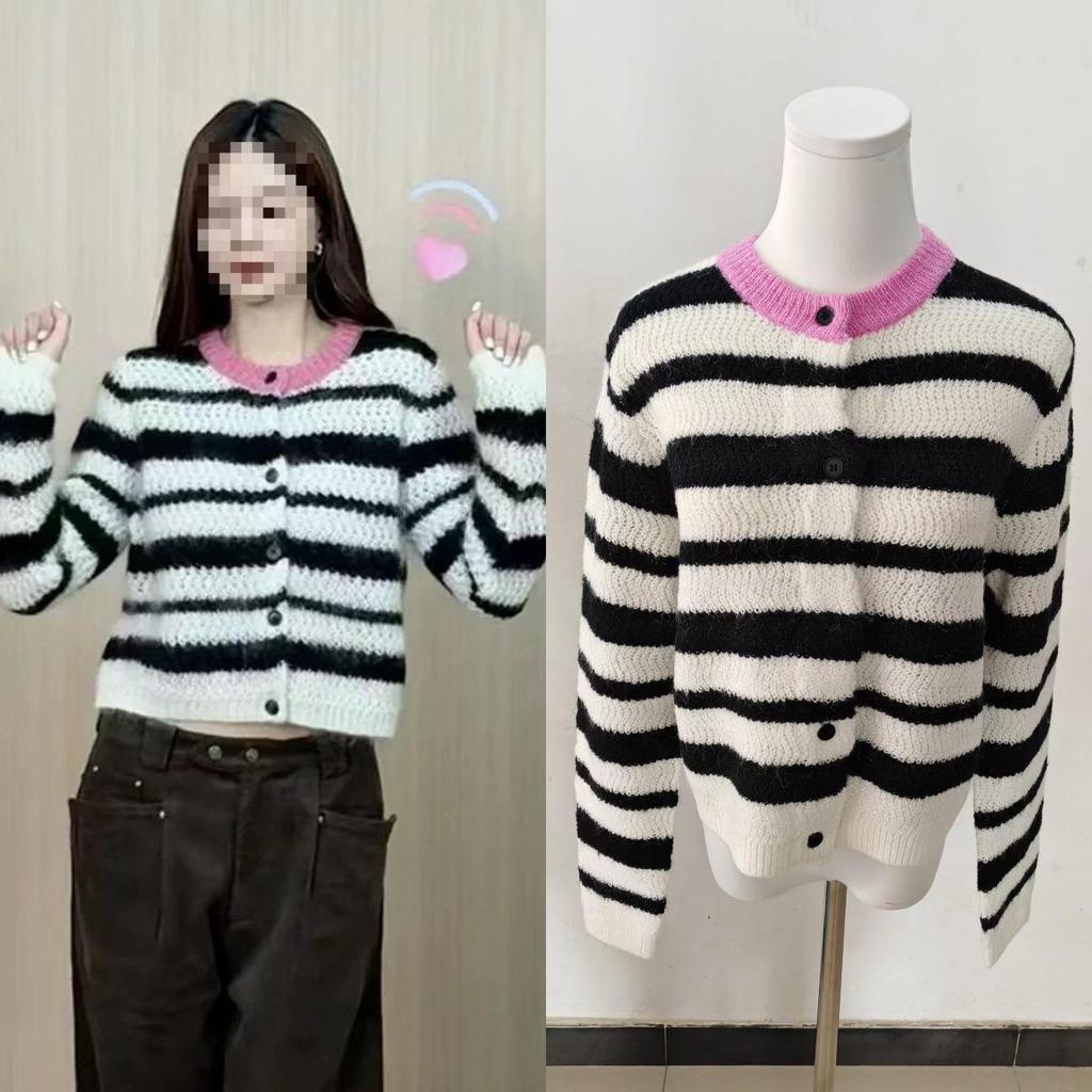 2025 Autumn/Winter Shen Mengchen Style Black Striped Knit Cardigan Sweater