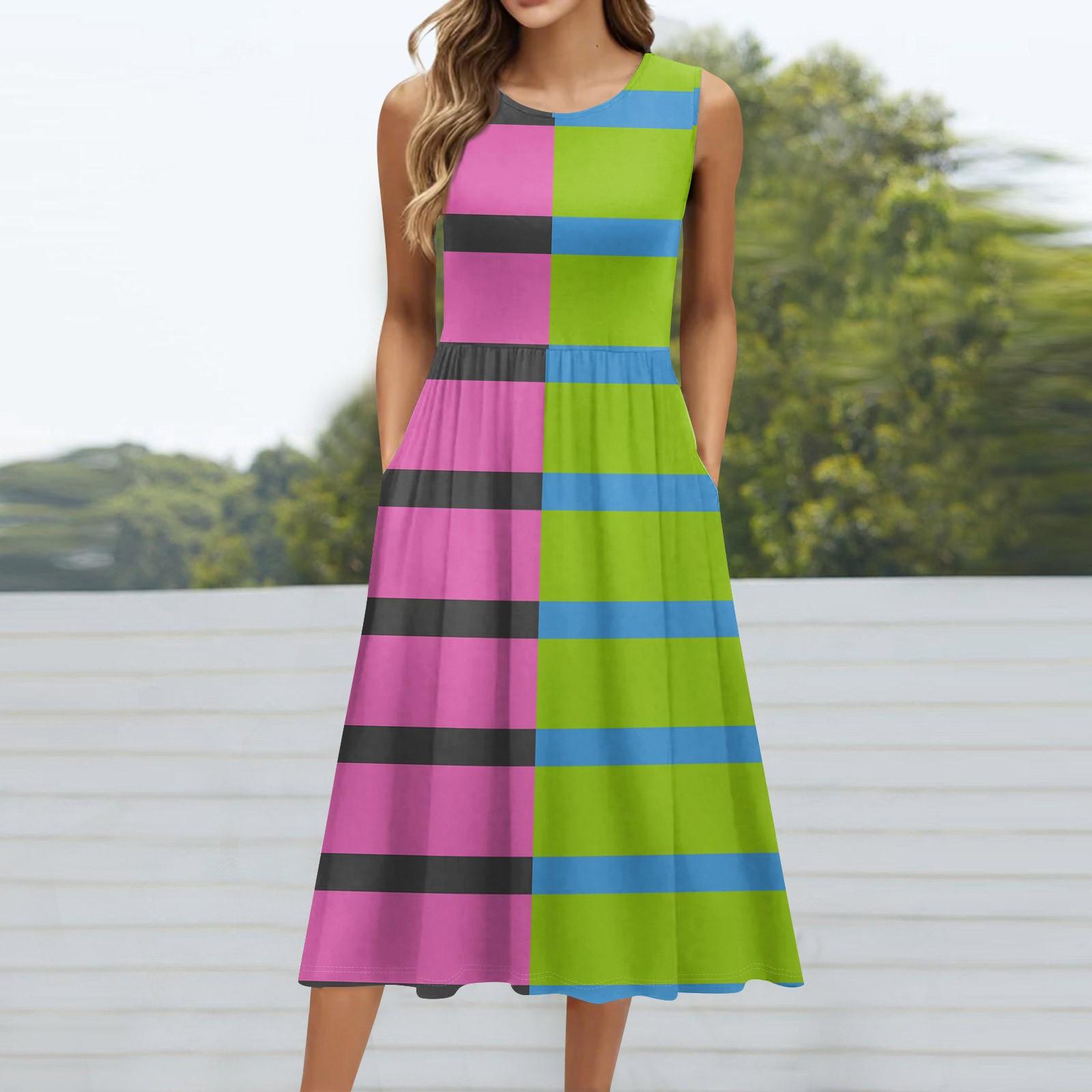 

Женское модное ретро-платье с цветочным принтом, круглым вырезом, без рукавов, повседневным свитером и карманом средней длины M зелёный