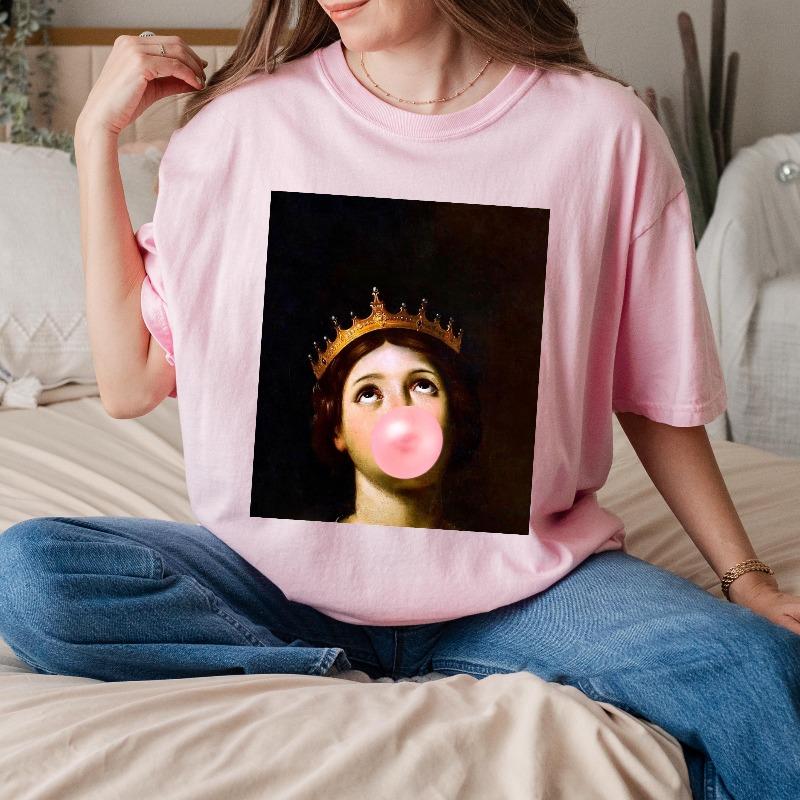 Bubble Gum Queen Renaissance Art Tshirt Fun Pattern Summer New Retro Street Unisexs and Womens Casual Fashion Y2K Tshirt