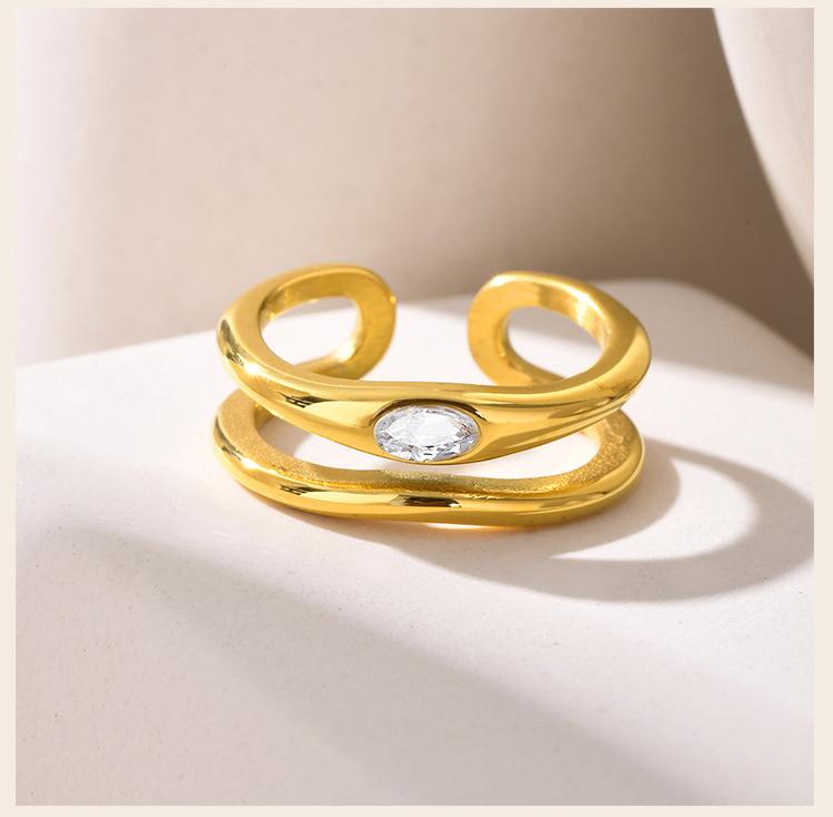 Double-layer Hollow Open Zirconia Rings for Women, Gold Plated Stainless Steel Finger Ring, Luxury Waterproof Jewelry
