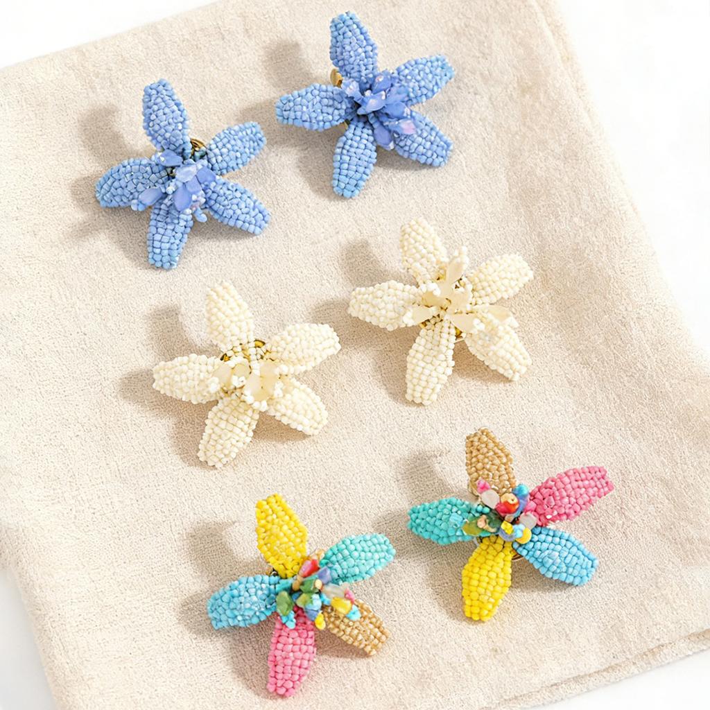 Summer color dopamine beaded flower stud earrings hand-woven three-dimensional petal design temperament earrings