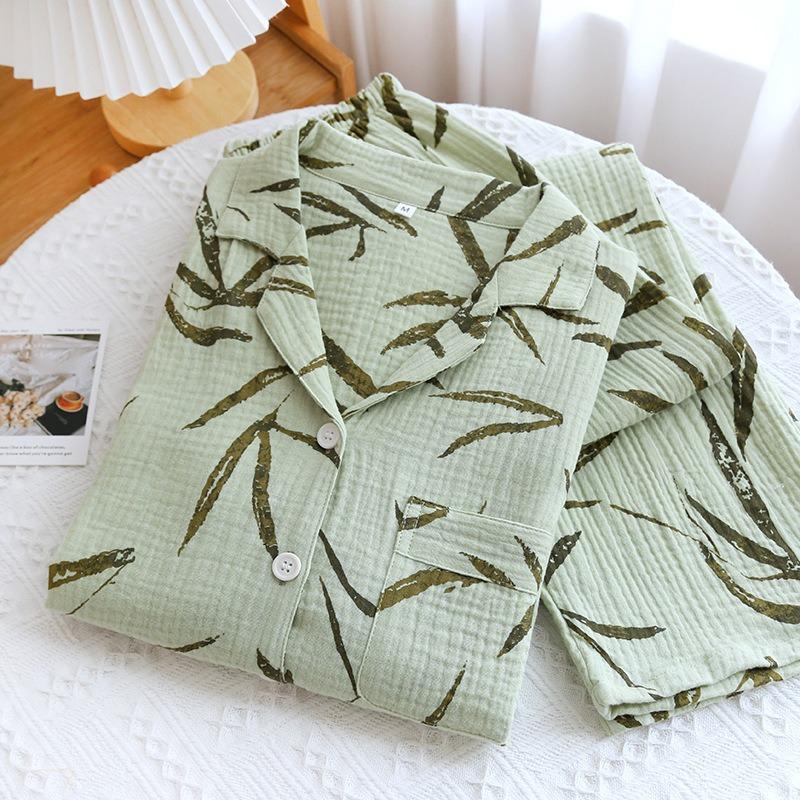 Neuer Damen Frühlings- und Sommer-Pyjama-Set 100% Baumwoll-Krepp Dünn Grün Langärmelig Hose Zweiteiliges Set