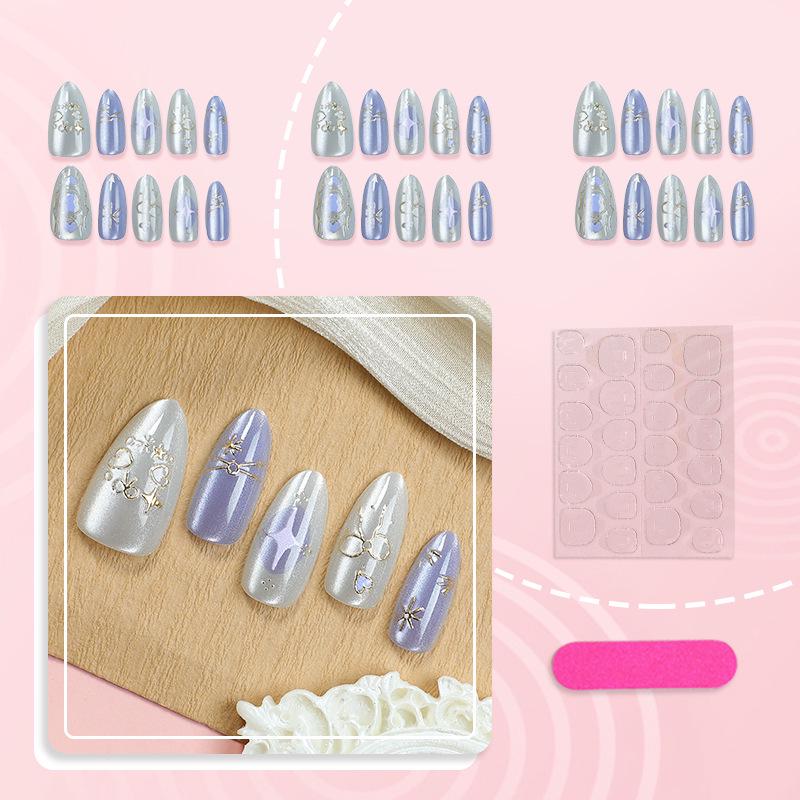 30 Pcs Elegant Purple Cat Eye Nails with Gold Stars, Bows & Hearts