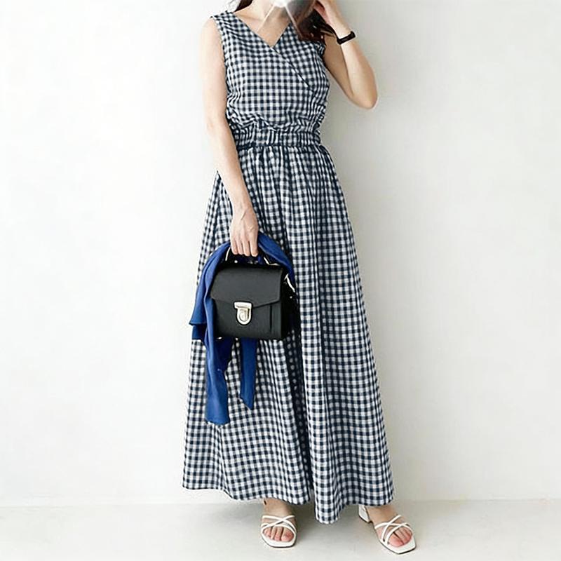 ZANZEA Women Casual V-Neck Sleeveless Plaid Print Long Dress S тёмно-синий