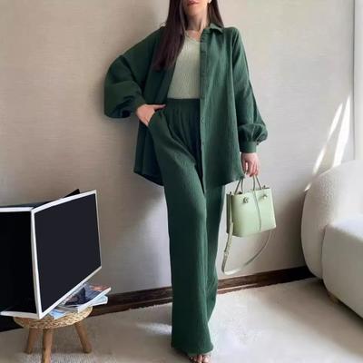 2 Pcs/Set Women Shirt Pants Set Turn-down Collar Single-breasted Long Sleeves Loose