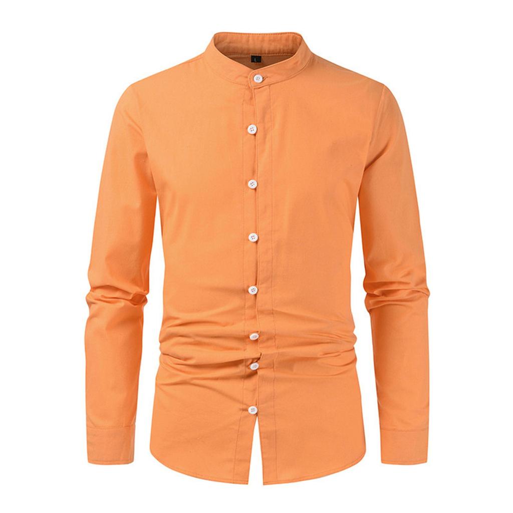 Men's Casual Business Solid Color Long Sleeve Shirt Men's Stand Collar Button-Down Shirt