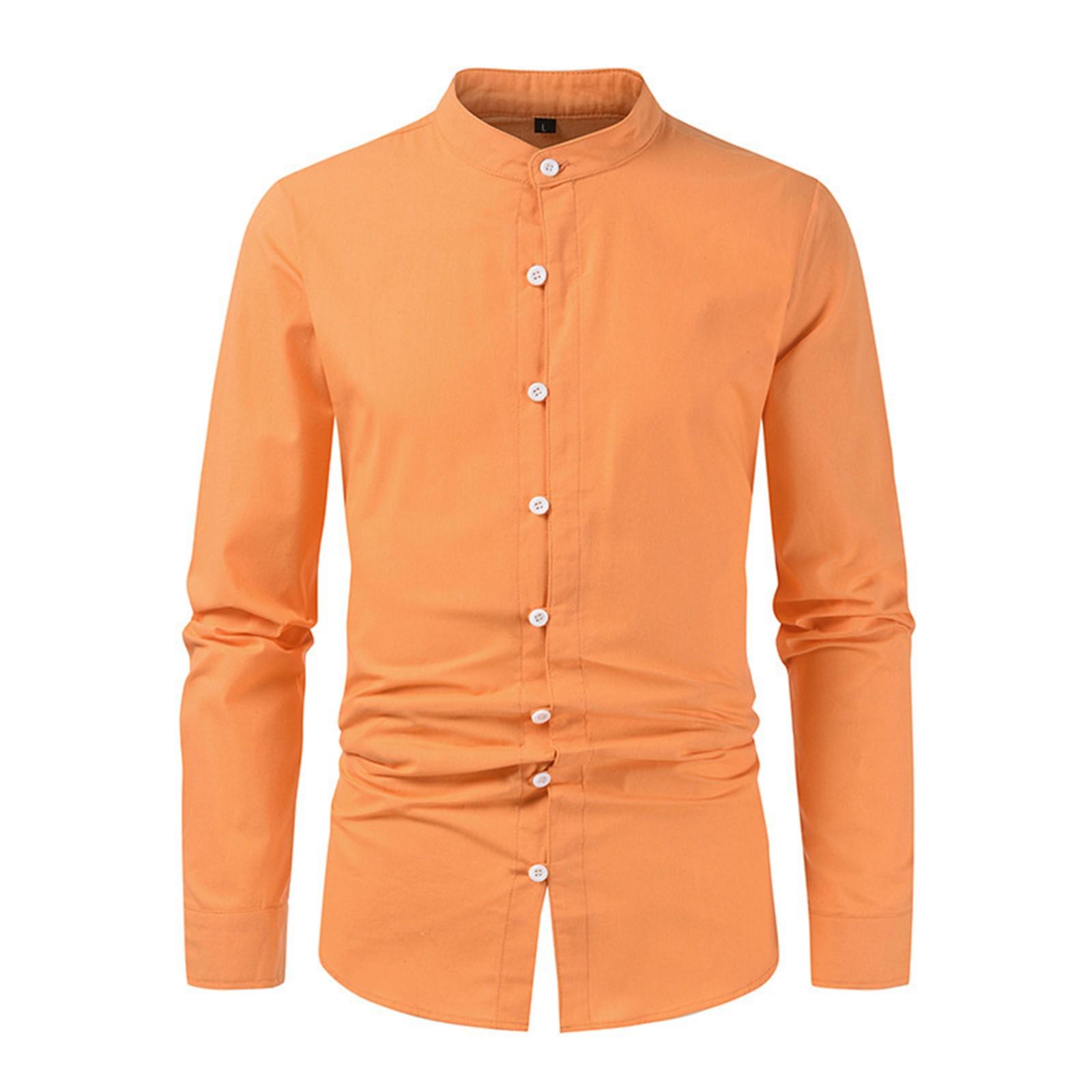 

Мужская повседневная деловая рубашка с длинным рукавом, однотонная мужская рубашка с воротником-стойкой и застежкой на пуговицы M оранжевый