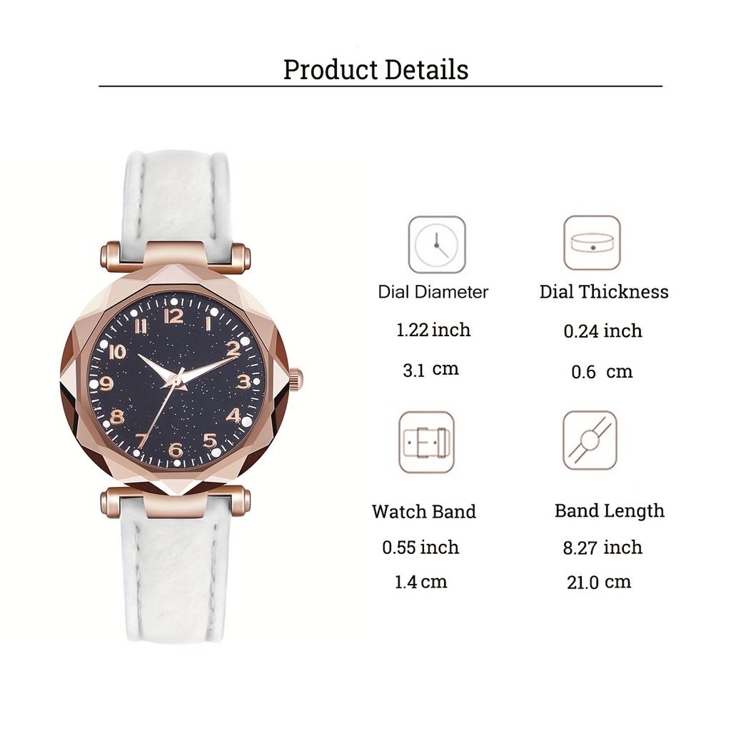 Fashion Light Luxury Trendy Round Dial Leather Strap Women Quartz Watch Bracelet Set for Christmas and Thanksgiving Gifts