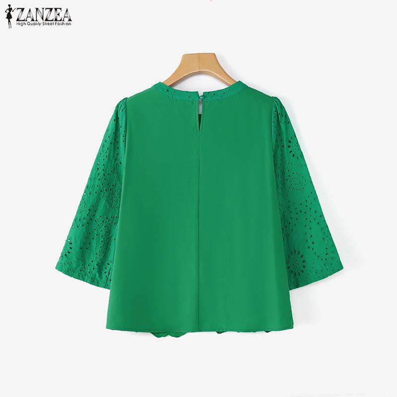 ZANZEA Dame Casual Rund Hals 3/4 Erme Løs Lappeteppe Heklet Bluse