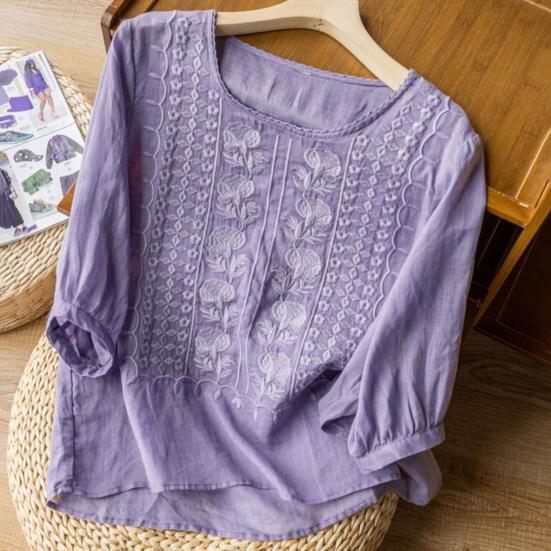 Dámská košile s kulatým výstřihem Poloviční rukáv výšivka Květinový vzor Topy Jednobarevné Tenká retro halenka Denní nošení