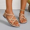 New Woven Flat Sandals with Elastic Bands, Lightweight, Solid Color, Comfortable Beach Sandals