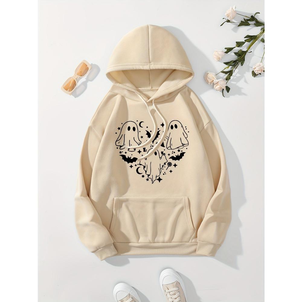 Halloween Cute Three Ghosts Cartoon Printed Long Sleeve Hoodie Autumn Winter Round Neck Hoodie Women's Clothing