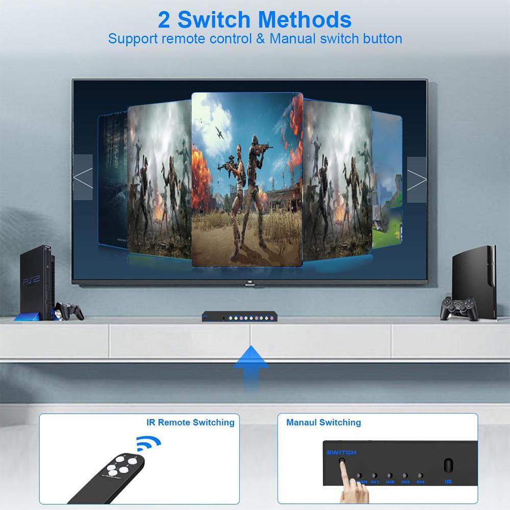 RCA AV Přepínač Rozbočovač Box 4 Vstupy 3 Výstupy AV Audio Video Signál Kompozitní Přepínač s Dálkovým Ovládáním