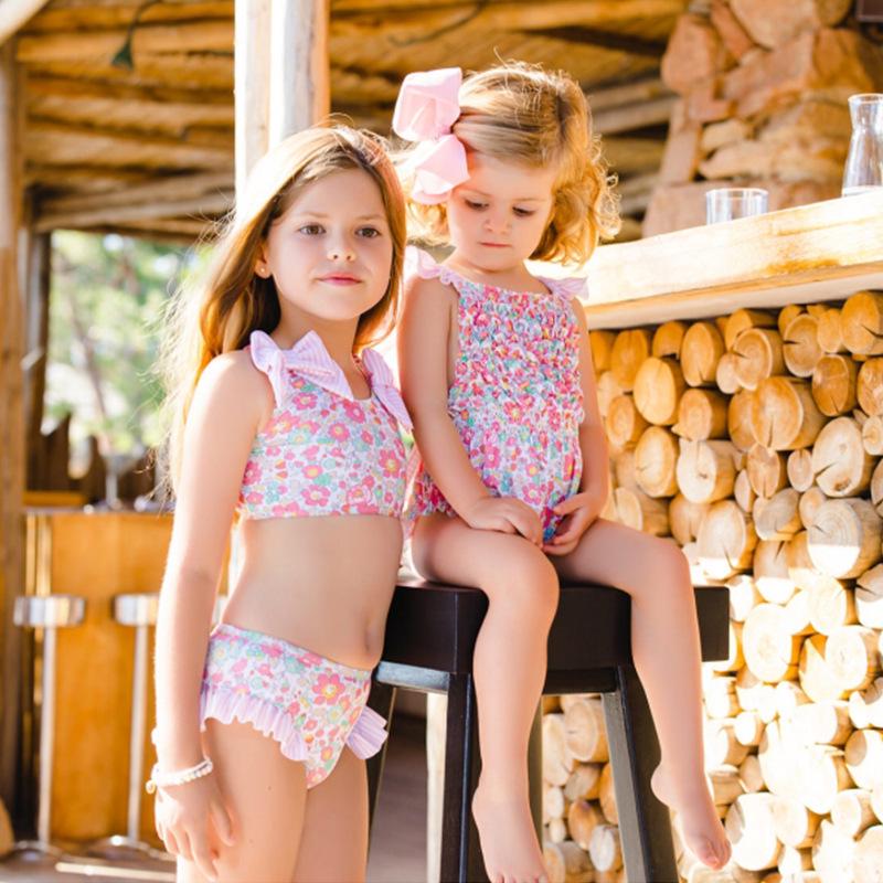 Summer Girls' One-Piece Swimsuit: Cute Blue and Pink Print
