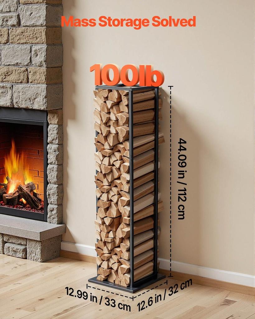 Indoor Firewood Rack, 33 × 32 × 112 Cm Log Stacker Holder, Holds Up To 45kg, Tall Wood Storage Stand, Powder-Coated Steel Firewood Holder, Heavy Duty