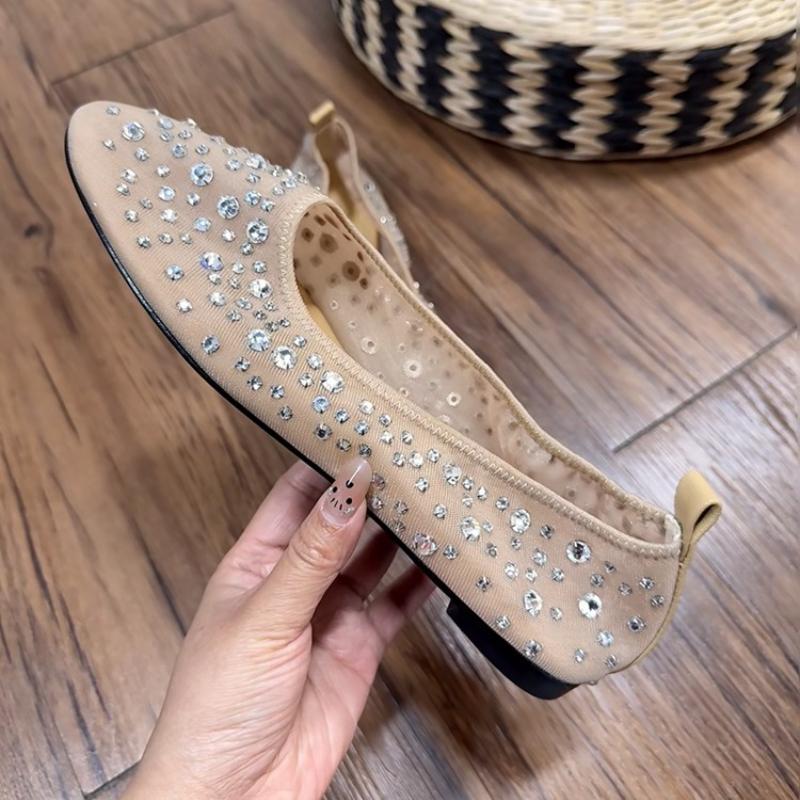 Mesh Luxury Rhinestones Flats Women Shoes Round Toe Shallow Casual Beach Shoes Female Soft Sole Fashion  Mary Jane Shoes