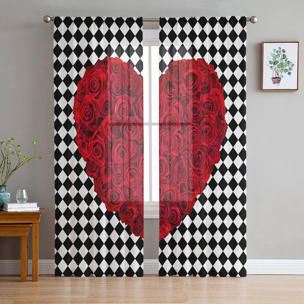 Rote Rose Blume Grünes Blatt Pflanze Schöne Transparente Vorhänge für Wohnzimmer Schlafzimmer Dekoration Fenster Voiles Morgentüllvorhang