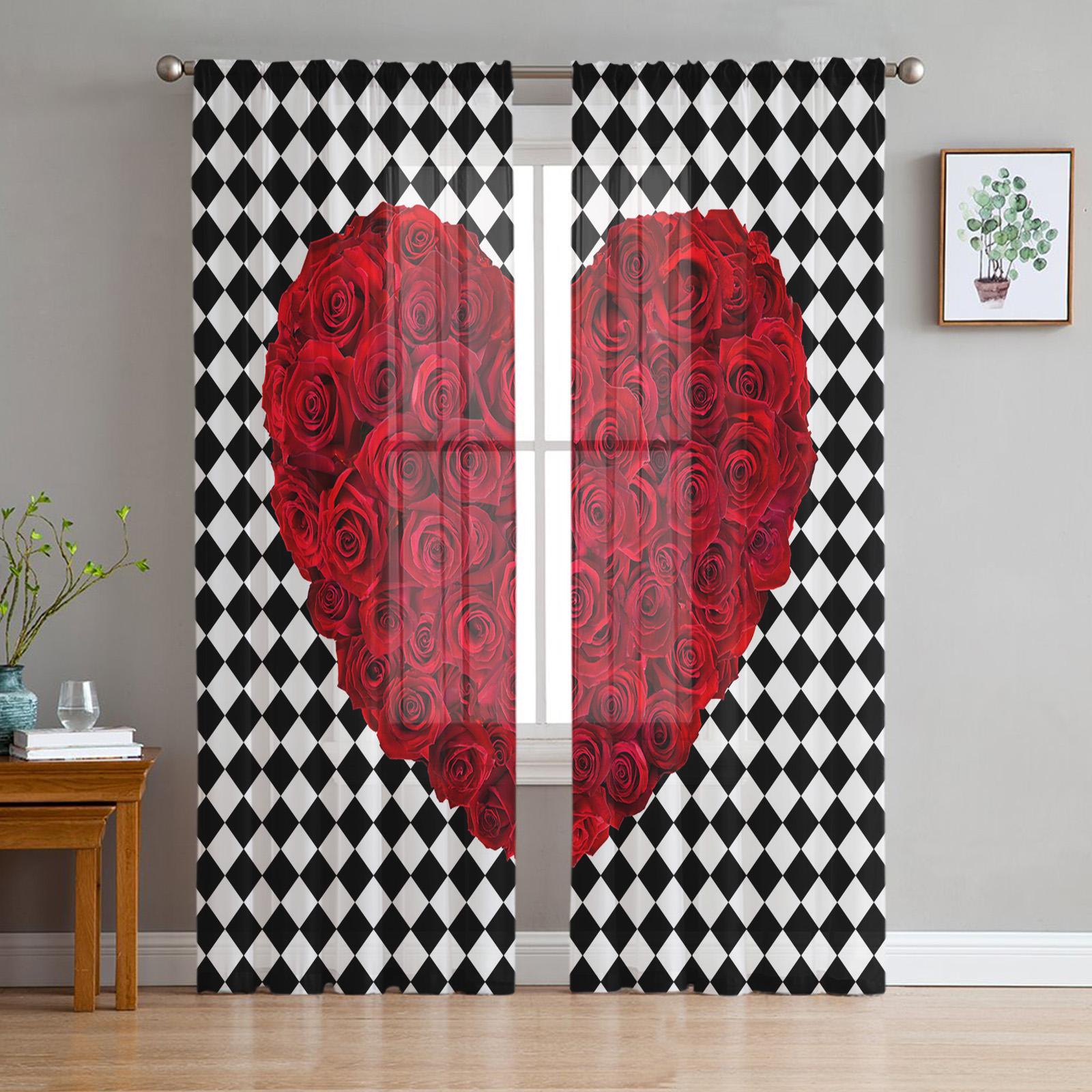 

Красная роза Цветок Зеленые листья Растение Красивые прозрачные шторы для гостиной Спальня Украшение окна Вуали Утренний тюль Шторы 1 PCS W100XH250cm&Grommet Top