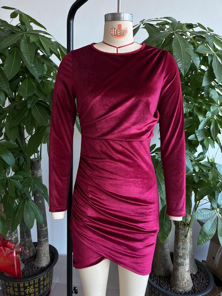 2023 Korean Velvet Solid Color Sexy Long-Sleeve Dress