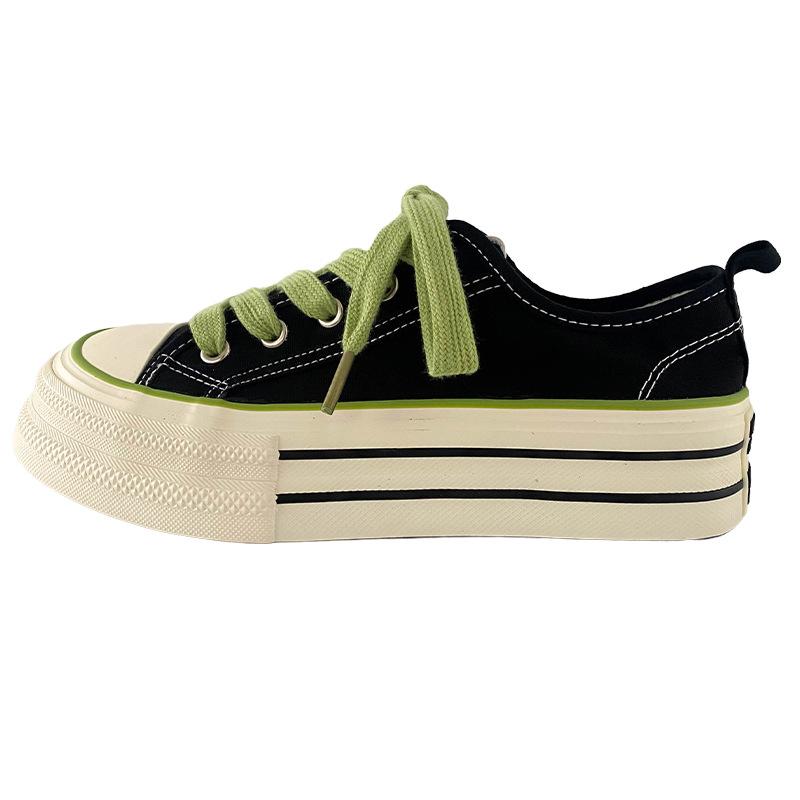 Dikke Bodem Canvas Schoenen Dames Ronde Neus Platte Veters Dubbele Band Veelzijdig Dunne Zool Board Schoenen Ademend Laag Uitgesneden Casual
