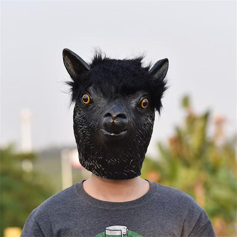 Alpaca Mask Latex Sheep Head Cover Halloween Masquerade Funny Black Goat Mask Sheep Head Dress Up Cos