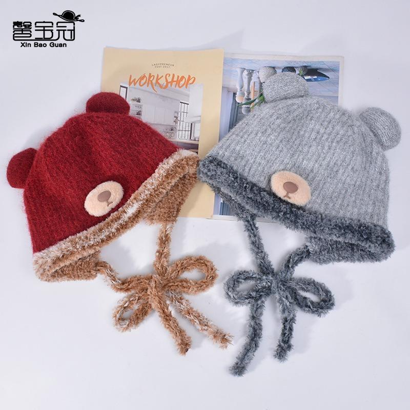 Cute bear plush hat women's winter plush warm wool hat cold protection ear protection face small bag head knitted hat