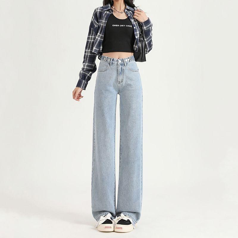 Adjustable wide-leg jeans for women, autumn and winter velvet thickened high-waisted thin straight jeans