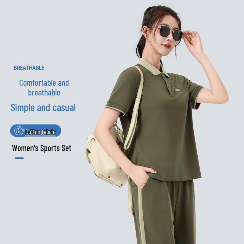 

Women s Summer Sportswear Set: Lapel Short Sleeve Top & Loose Long Pants, Plus Size, Casual Two-Piece Running Suit L оливковий колір