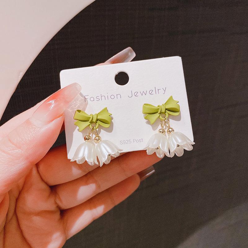 Green Bow and Lily of the Valley Tulip Earrings with Bell Other