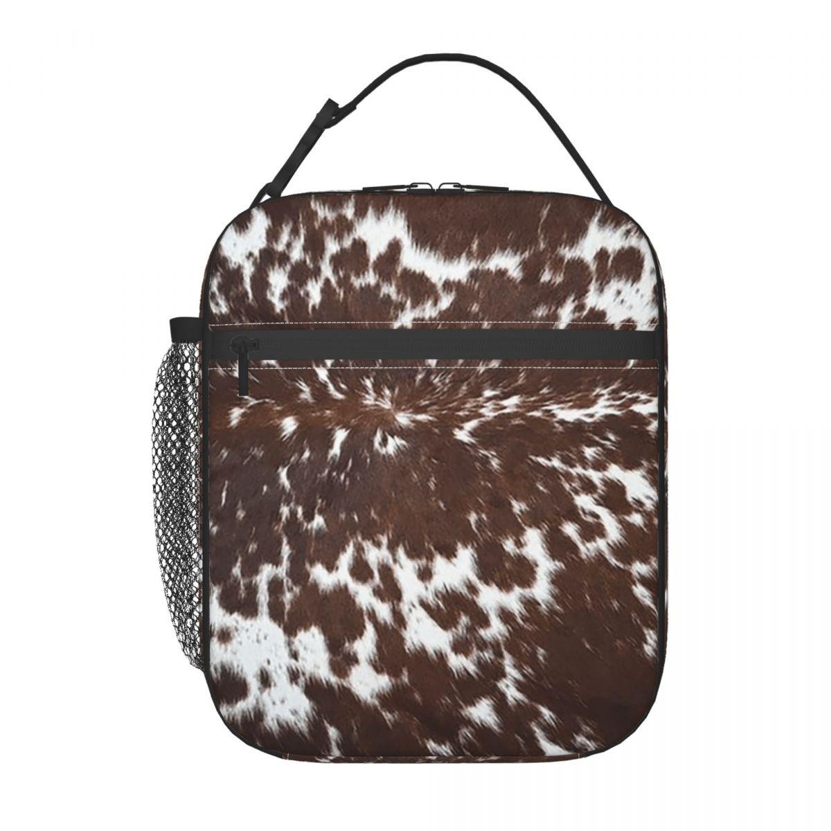 

Brown White Cowhide Pattern Insulated Lunch Bag for Kids School Cooler Thermal Food Box Tote Portable Lunch Boxes Container One Size