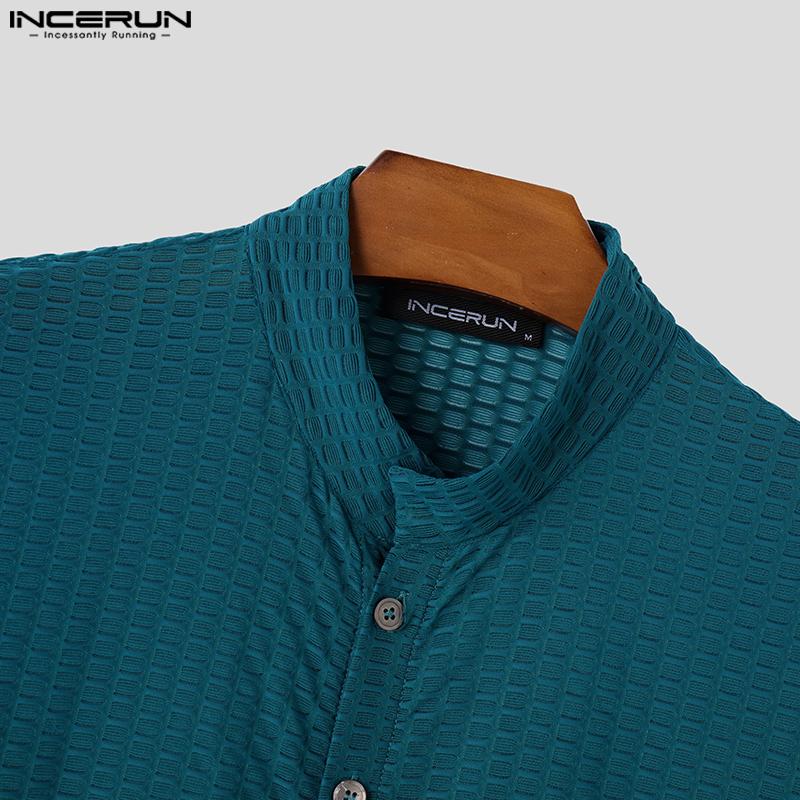 INCERUN Summer Men Stand Neck Short Sleeve Semi-Sheer Texture Skinny Casual T-shirts Tops