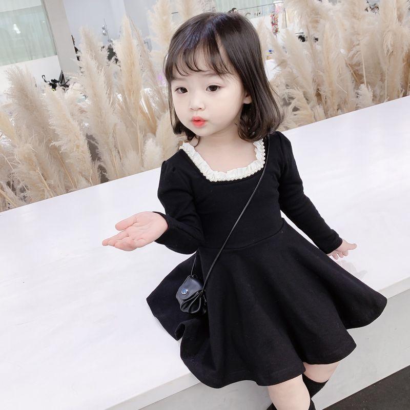 Girls Long Sleeve Black Dress for Spring Autumn Princess Base Layer