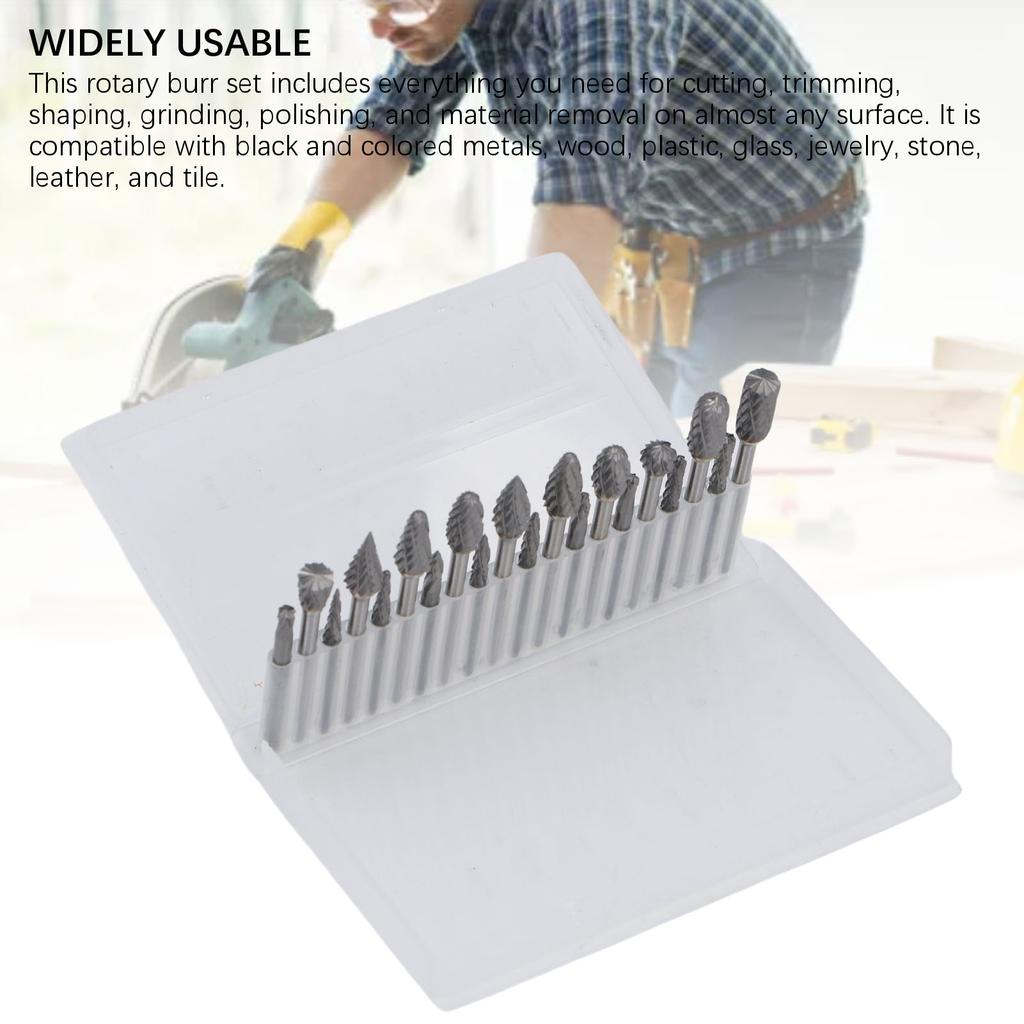 20 Pcs Double Cut Rotary Burr Set 1/8in Shank Tungsten Carbide with 2 Collets for Woodworking Drilling Carving Engraving Polishing Cutting