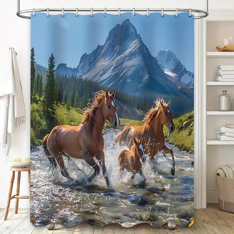

Beautiful Mountain River Horse Shower Curtain High Quality Waterproof Fabric For Bathroom Decor Unique Design Enhance Your Home W60H190(CM)-1 Pcs