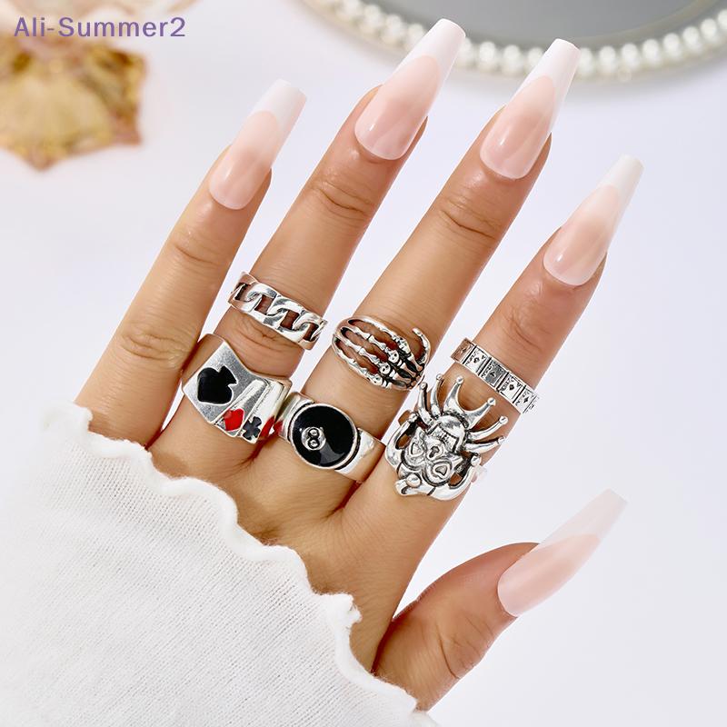{Summer2} 6Pcs Punk Demon Claw Clown Poker Black 8 Billiard Rings Set For Women Men Vintage Gothic Finger Rings Party Jewelry
