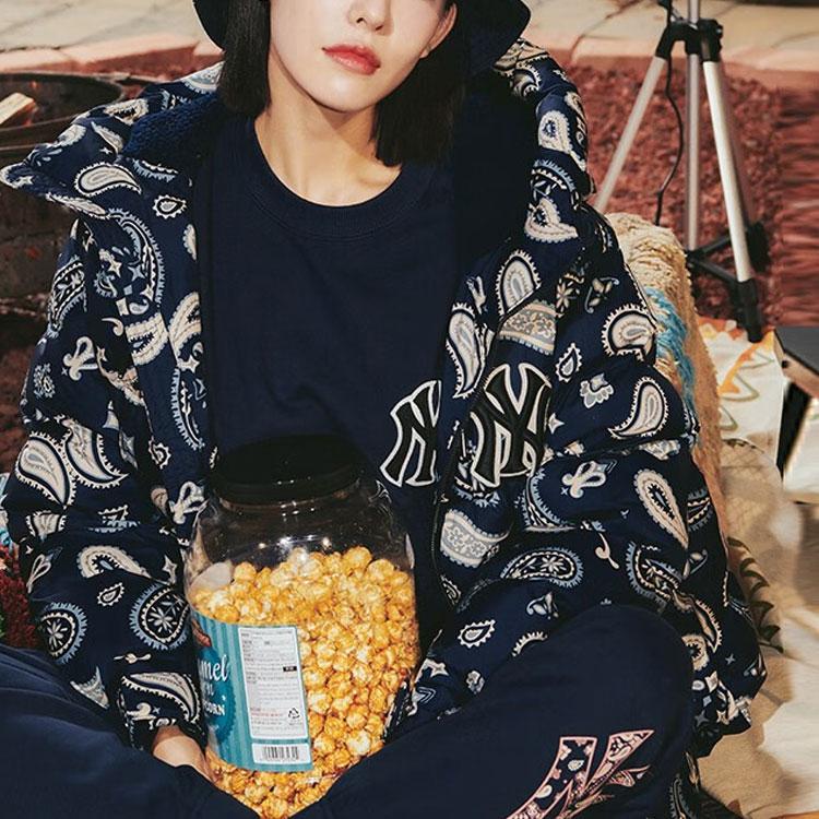 MLB FW22 Cashew Print Zipper Drawstring Hooded Down Jacket Short Unisex Jacket Deep-Navy 3ADJI0126-50NYD