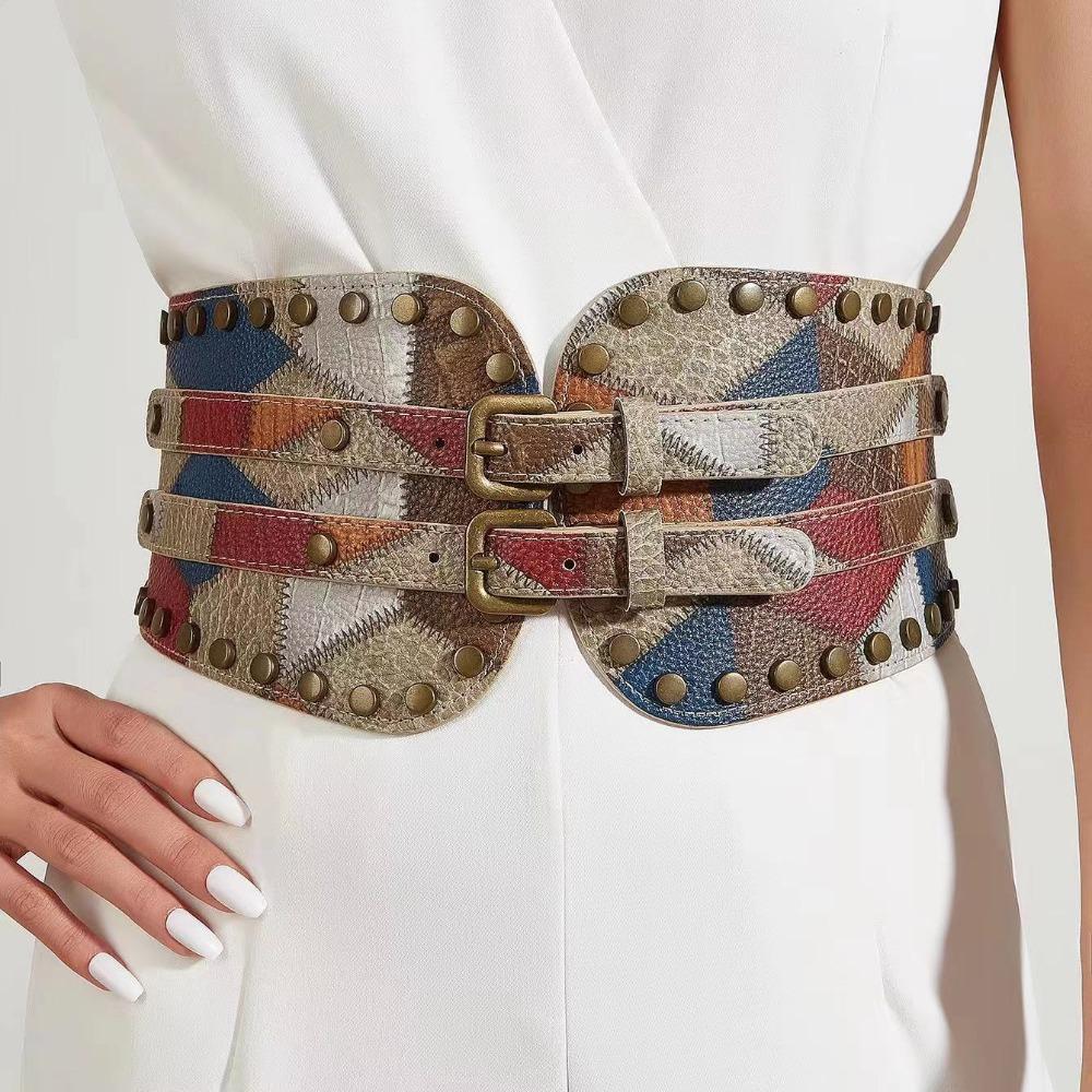 PU Leather Rivet Belt Spicy Girl Elastic Cummerbunds Fashion Pu Leather Corset  Ladies Style 4