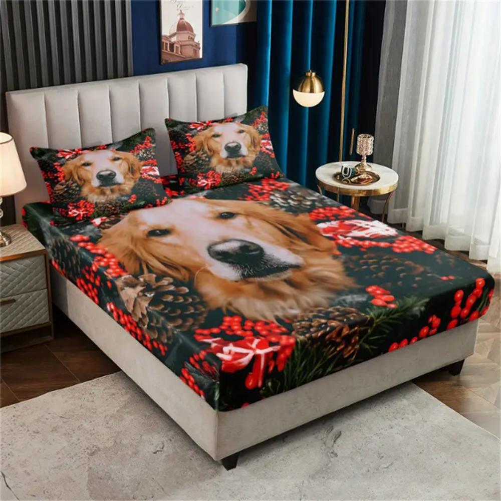 JIT3pcs 85G July Synthetic Polyester Christmas Golden Retriever Digital Fitted Sheet Three-piece Set, Soft, Comfortable, Bed