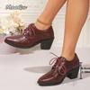 British Style Pointed Toe Lace Up High Heel Pumps for Women's Elegant Chunky Heeled Shoes PU Leather Autumn Office Lady Pumps