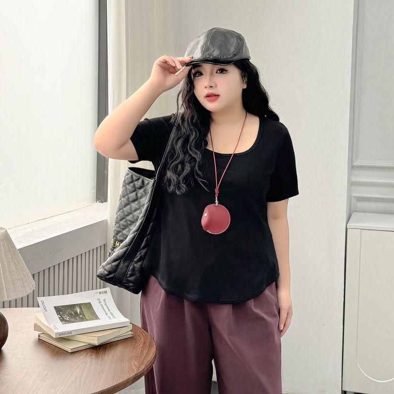 

Size Women s Clothing [Normcore Asymmetrical T] Square Collar Loose Short-Sleeved T-shirt Summer Plus Size Ladies Belly Covering Slim Looking Tops Night Sky Black 7xl