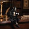 Yousheng Halloween Reading Book Skeleton Figurine, Spooky Reading Devil Resin Sculpture, Gothic Black Robe Grim Reaper Statue for Home
