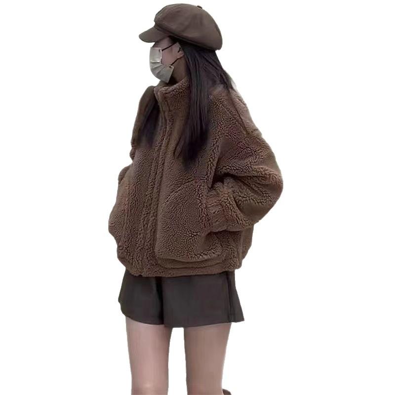Lamb wool coat women's autumn short Korean version top long sleeve imitation lamb wool stand-up collar small coat