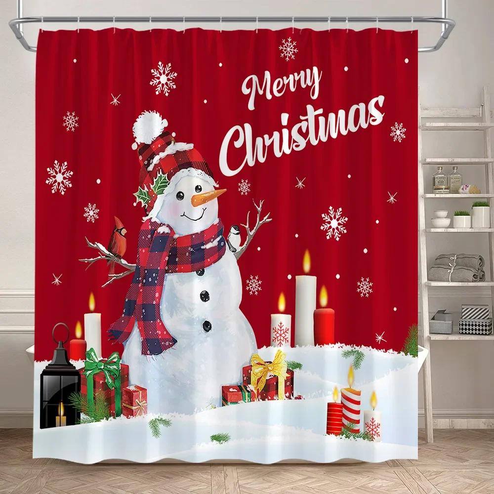 Winter Weihnachten Duschvorhang Set Niedlicher Schneemann Rote Vögel Geschenke Wald Zeder Neujahr Xmas Badezimmer Deko Duschvorleger Toilettensitzbezug
