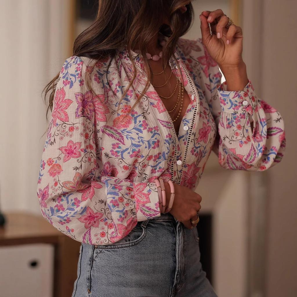 European and American New Printed Top Long-sleeved Shirt Women's 1116 Spring and Summer Temperament Long-sleeved Elegant Shirt