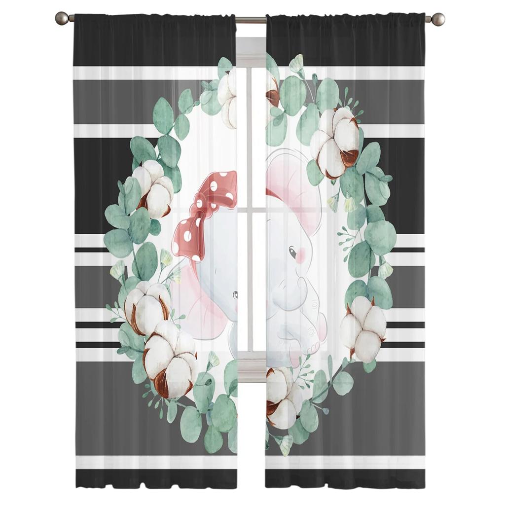 Elegant Elephant Cotton Bow Tulle Curtains for Living Room Kitchen Bedroom Balcony Sheer Chiffon Fashion Home Decor