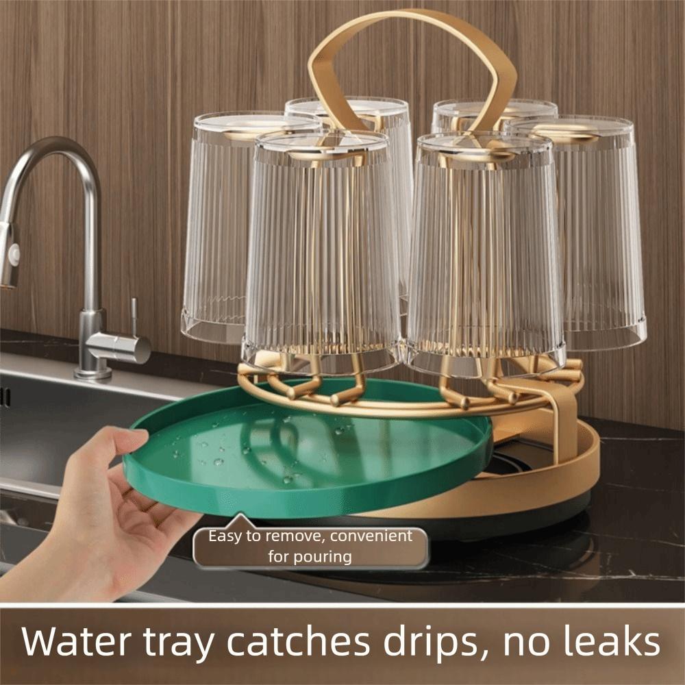 360° Rotation Cup Drain Rack 6 Hooks Large Capacity Glass Holder with Water Drain Tray Space-saving Cup Drying Rack Home Kitchen