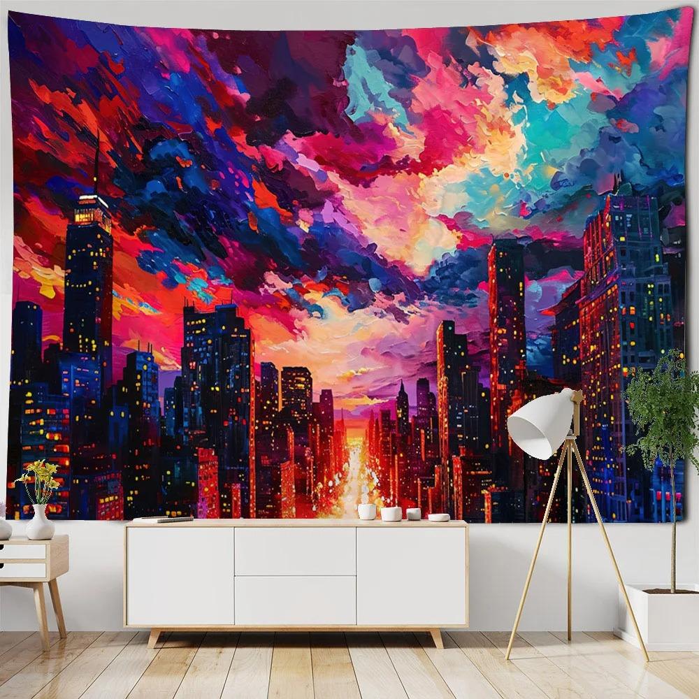 Home Decoration Bohemian Dream City Starry Sky Oil Painting Tapestry Wall Hanging Background Cloth Living Room Bedroom