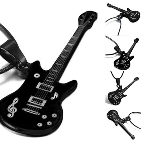 Cool Stylish Guitar Shape Musical Note Pattern Stainless Steel Necklace for Men Festival Gift