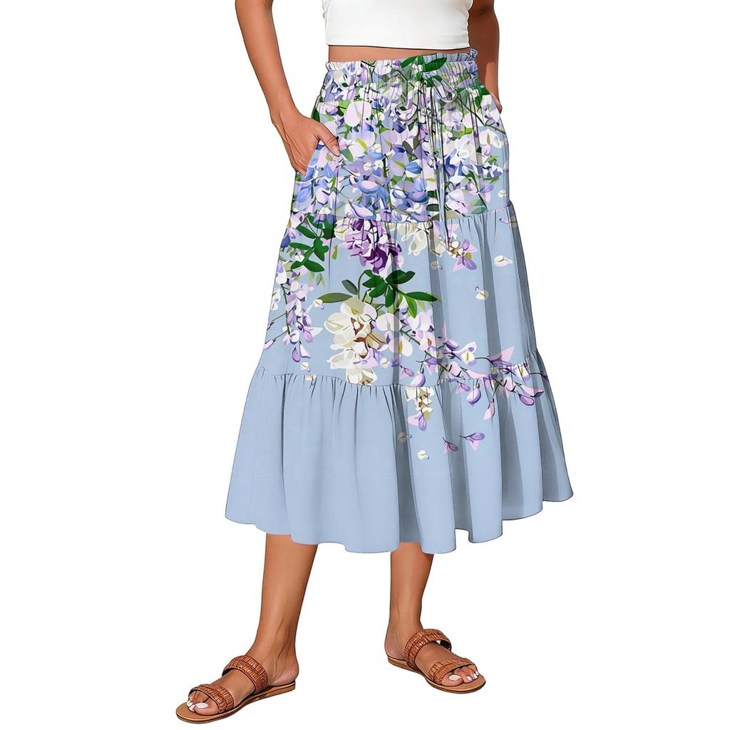 Womens Maxi Skirt Drawstring High Waisted Summer Long Skirts Lightweight Tiered Flowy Floral Pleated Skirts