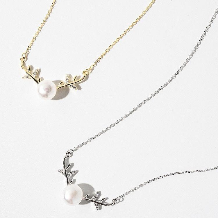 One Deer Has You Sterling Silver Necklace with Freshwater Pearl and Elk Antlers Design